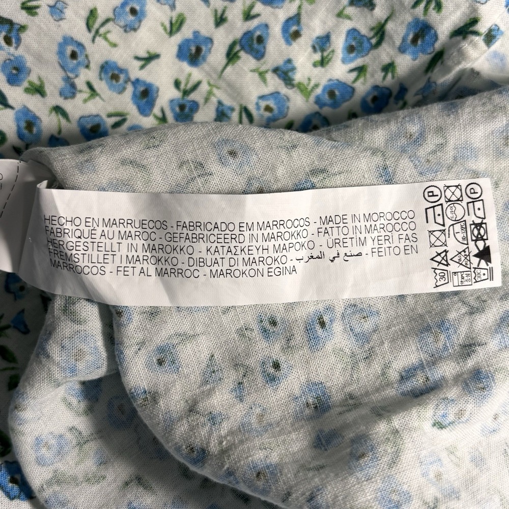 Zara Ditsy Floral Babydoll Dress S Blue Linen Blend Smocked Mini Cottage Picnic‎ - Picture 11 of 11